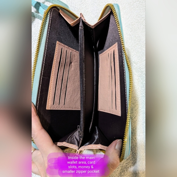 Cellphone wallet case, BNWOT, shimmery teal/light blue colour, cute wallet - Picture 8 of 10